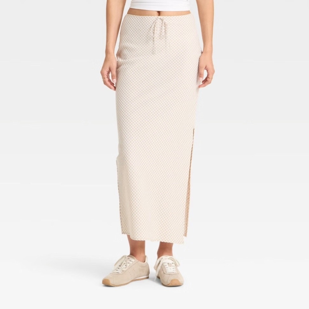 Wild Fable Column Maxi Skirt Gingham Taupe NWT